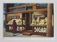 907186 Afbeelding van het schilderijtje met een gezicht op de tijdelijke kiosk van de sigarenwinkel van H.G. en M.A. ...